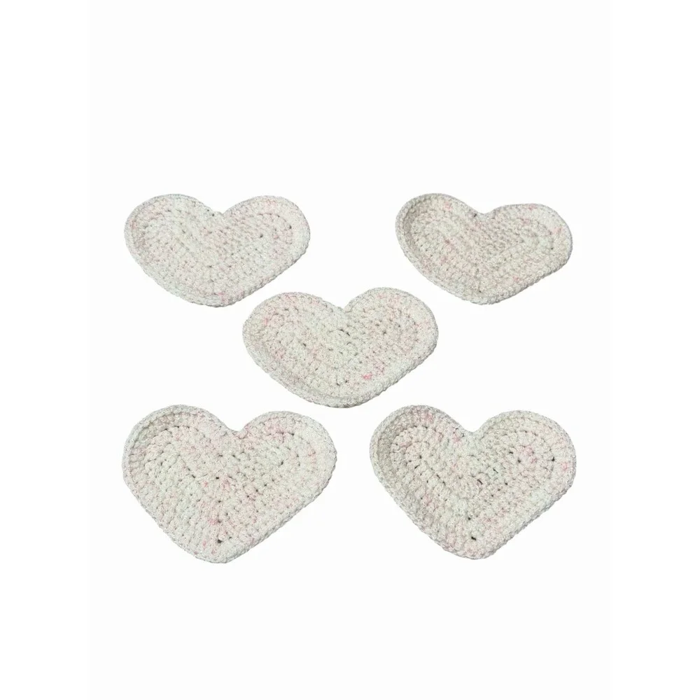 Handmade Crochet Coasters HEARTS light pink & white set of 5